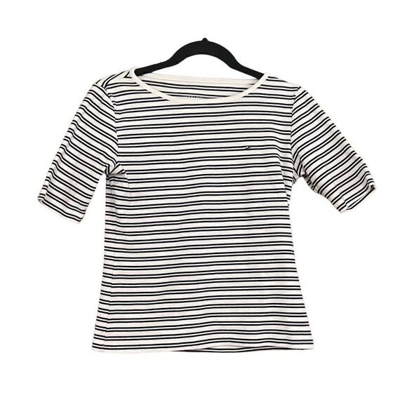 TOMMY HILFIGER White & Navy Blue Striped Short Sleeve Blouse Size S - Picture 1 of 4